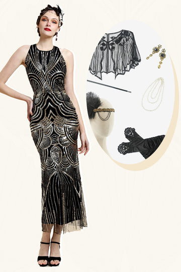 Halter Dourado Lantejoulas 1920s Vestido Com 20s Acessórios Set
